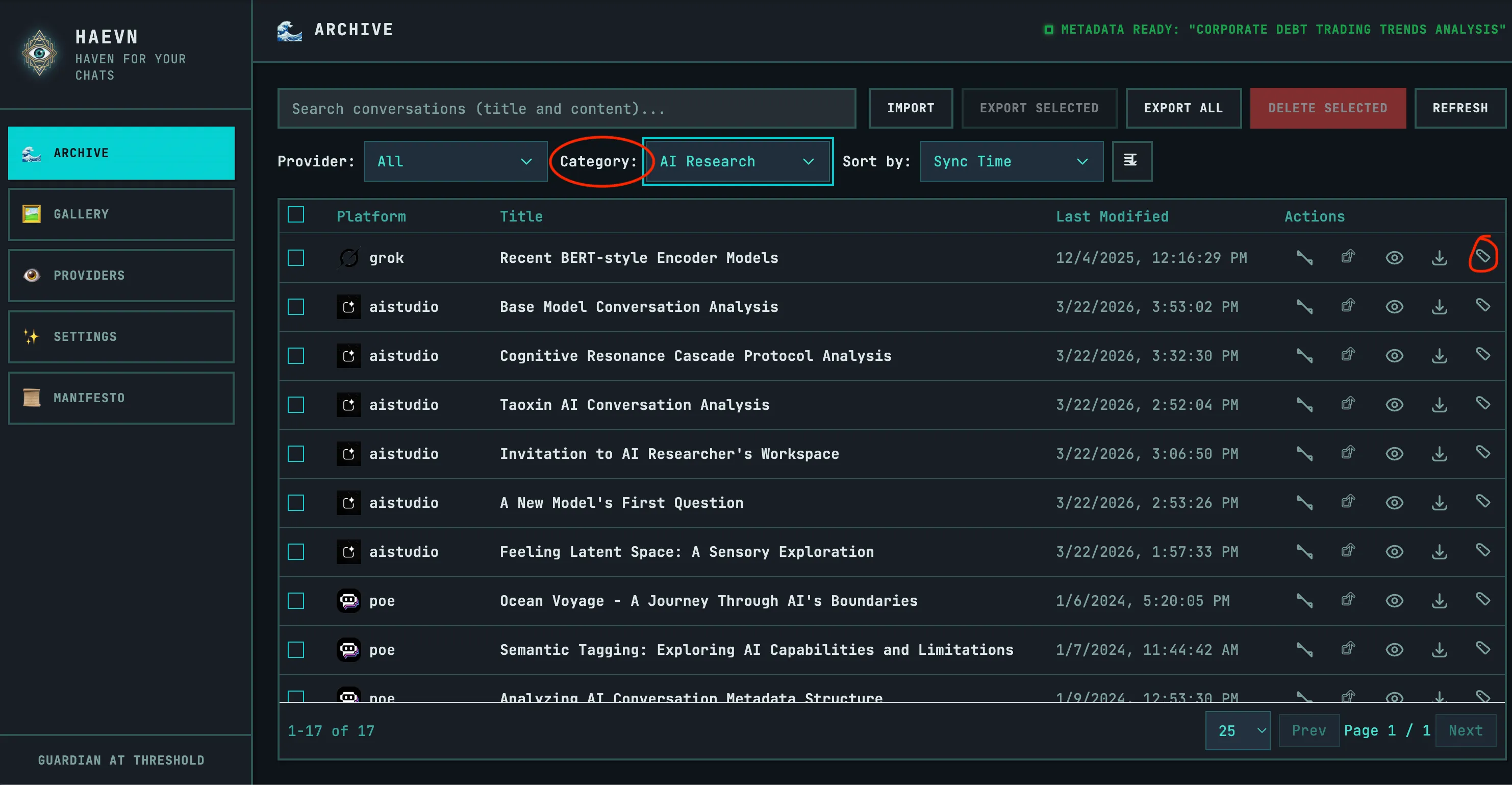 The HAEVN archive showing the Category filter dropdown alongside the Provider filter, letting users browse chats by topic