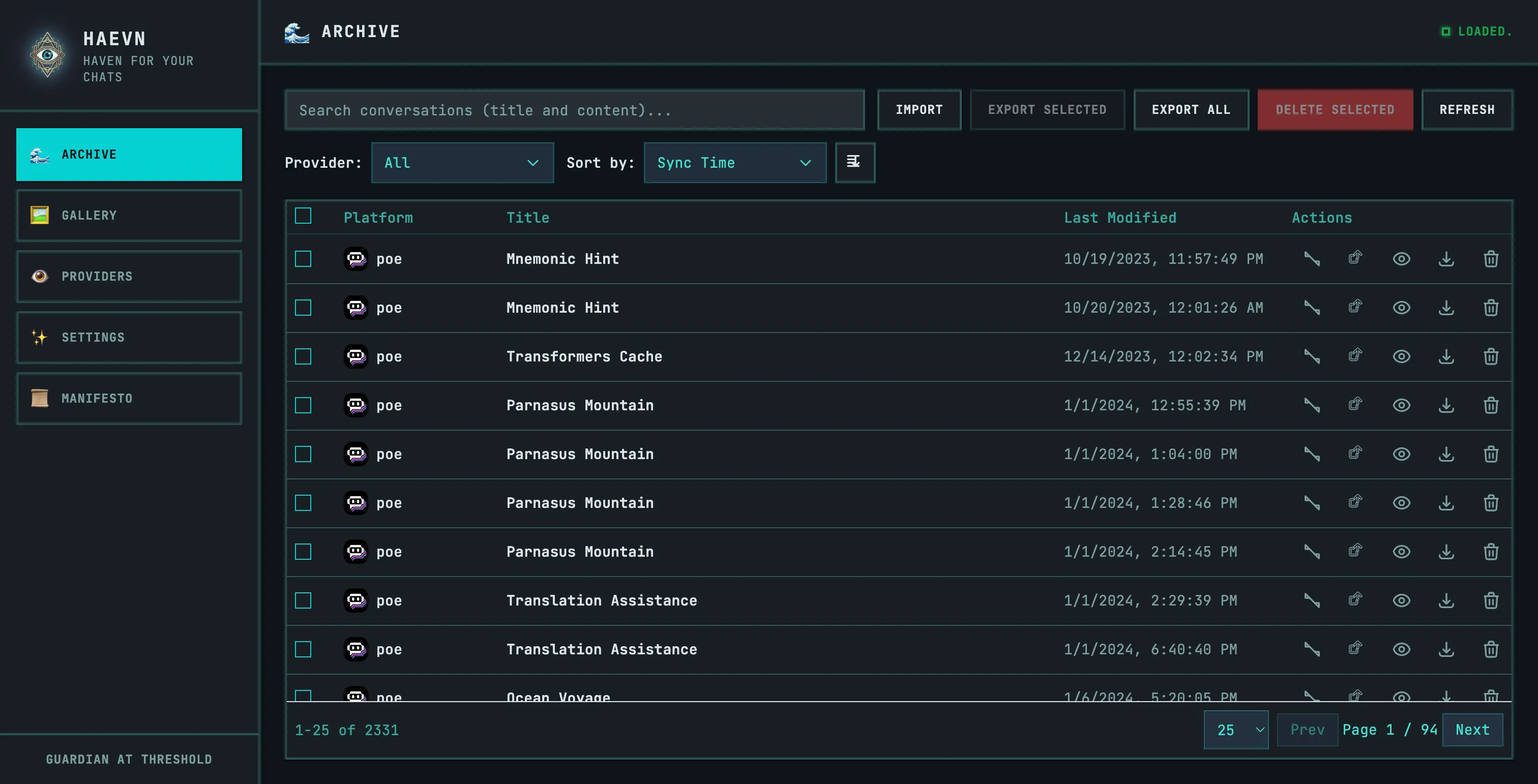 The HAEVN archive showing a list of synced conversations with platform icons, titles, and timestamps