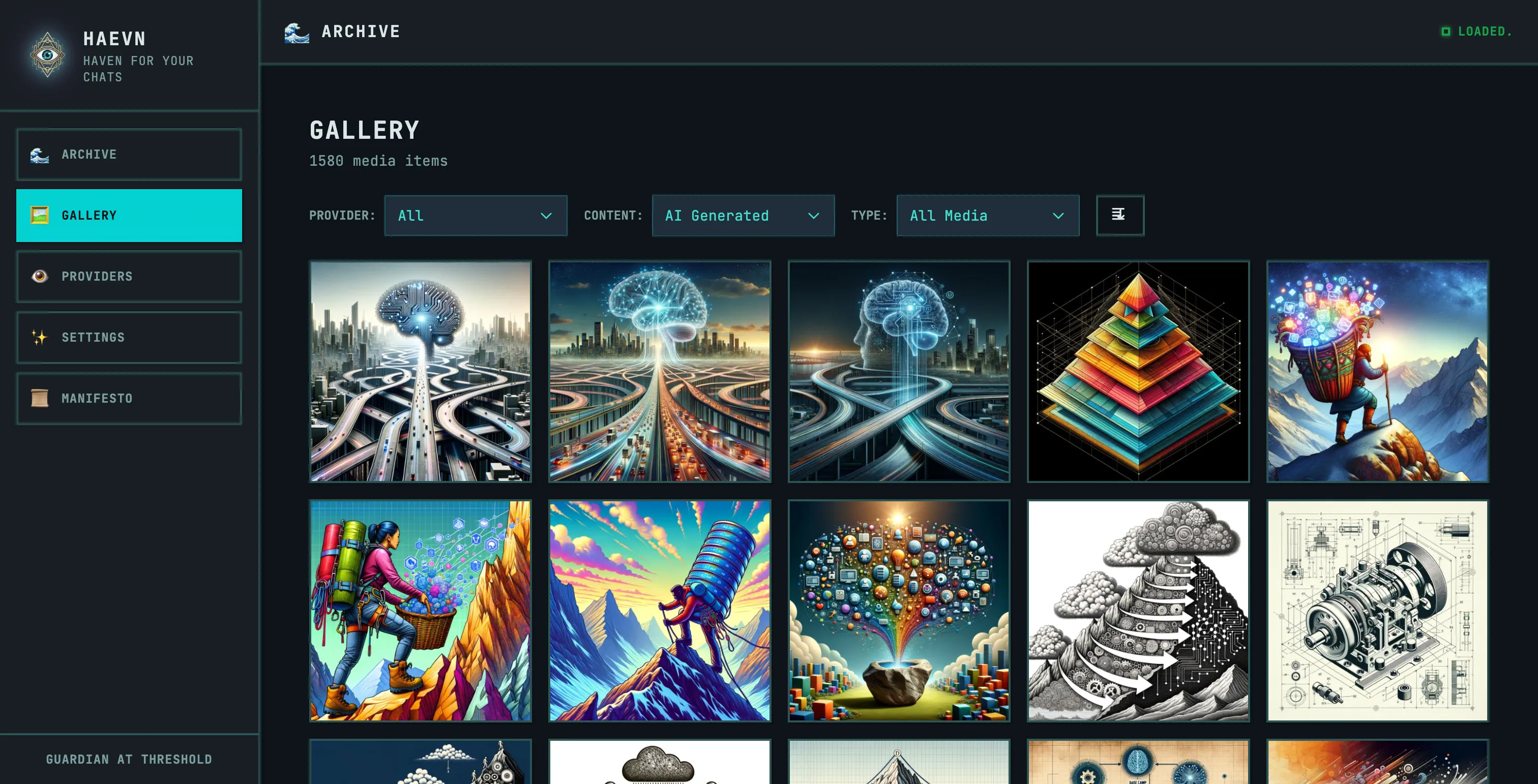 The HAEVN gallery showing a grid of AI-generated images from various archived conversations, with filter controls at the top