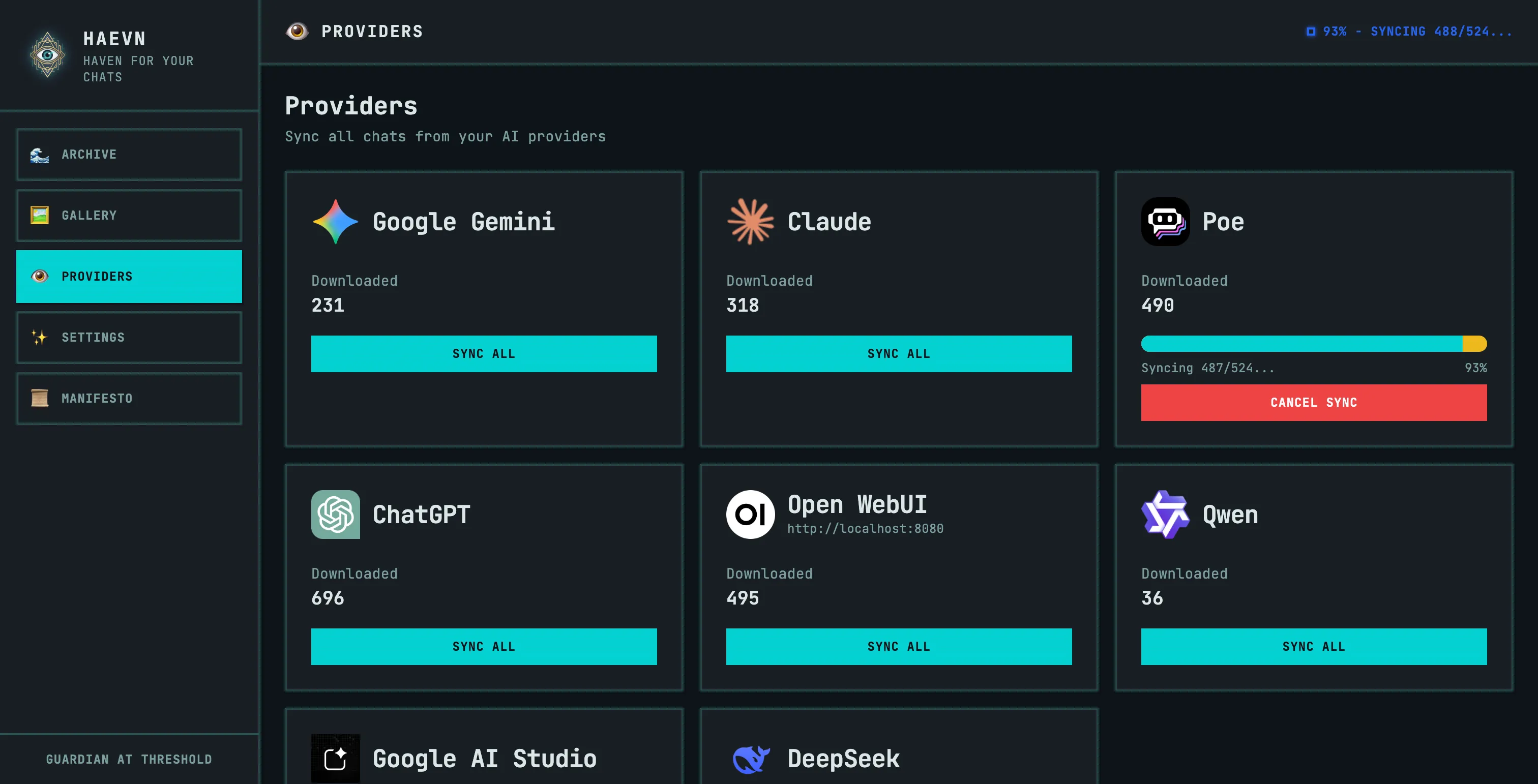 The Providers view showing all supported platforms with their downloaded chat counts and Sync All buttons. The Poe card shows an active sync in progress at 93%.