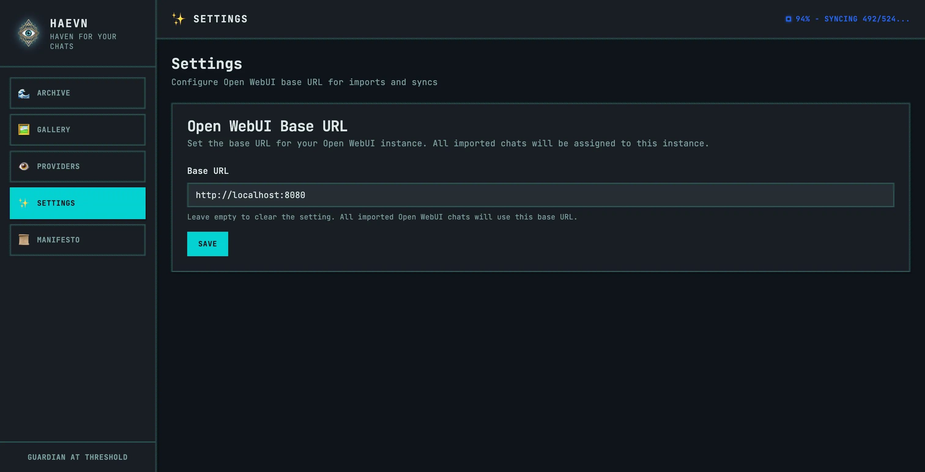 The HAEVN Settings page showing the Open WebUI Base URL field with http://localhost:8080 entered