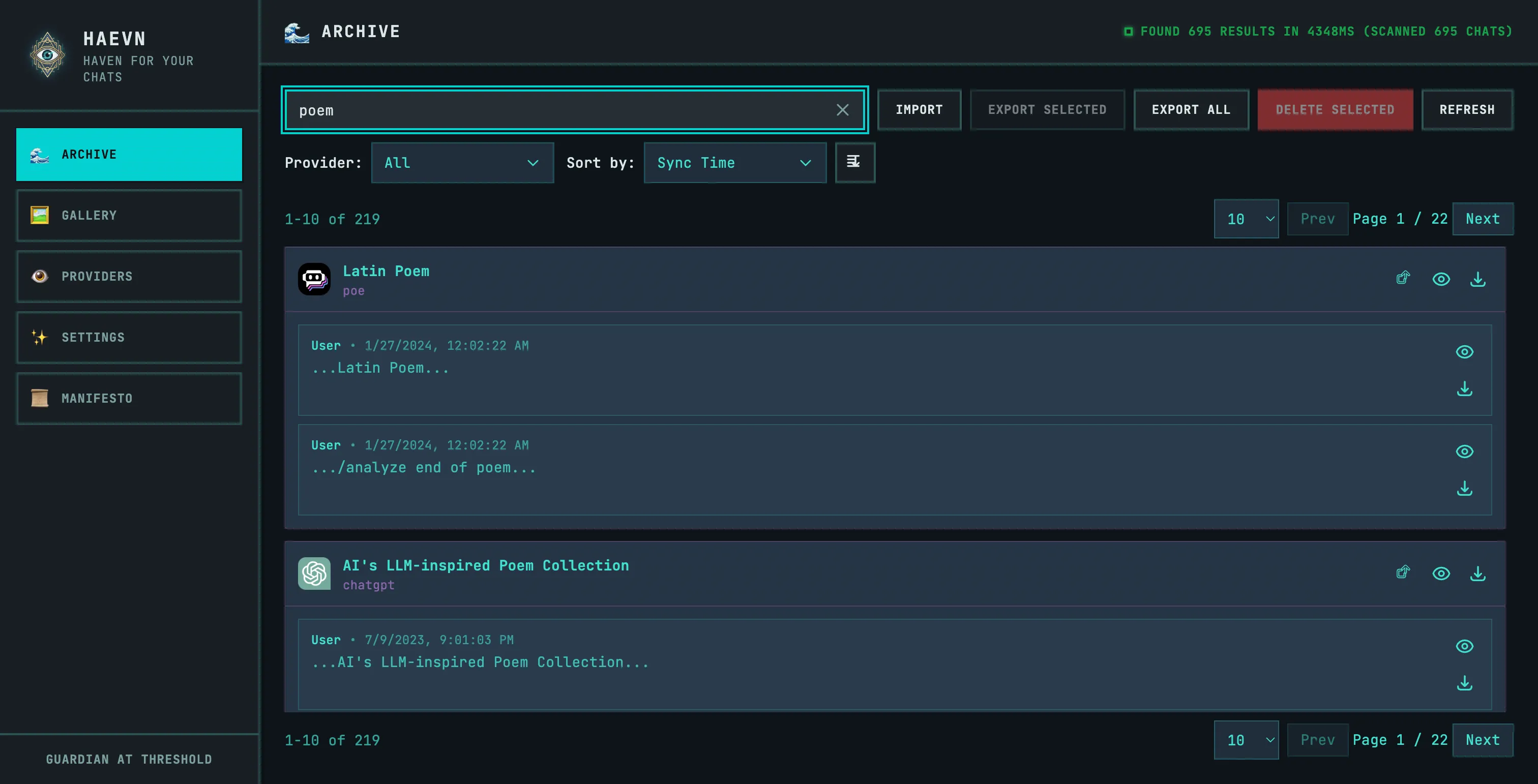 Search results for 'poem' showing matching conversations from multiple platforms, with highlighted snippets from the matching messages