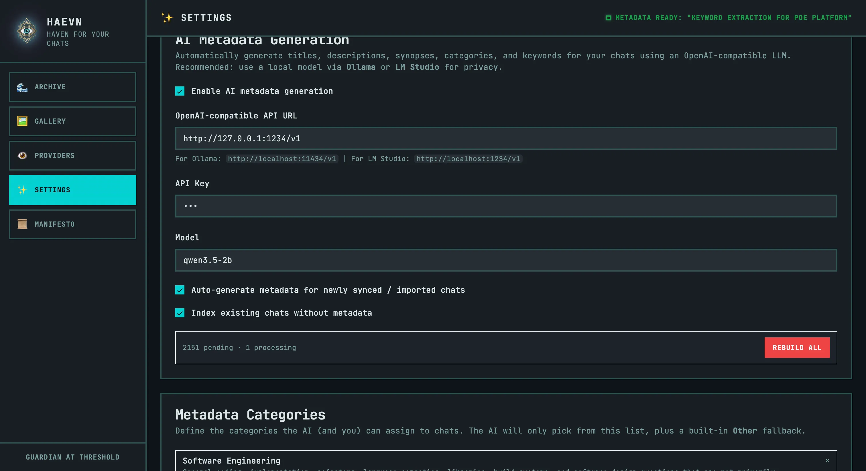 The HAEVN Settings page showing AI Metadata Generation options: API URL, API key, model name, auto-generate checkbox, index-existing checkbox, queue status, and the Metadata Categories card below with named categories and their descriptions