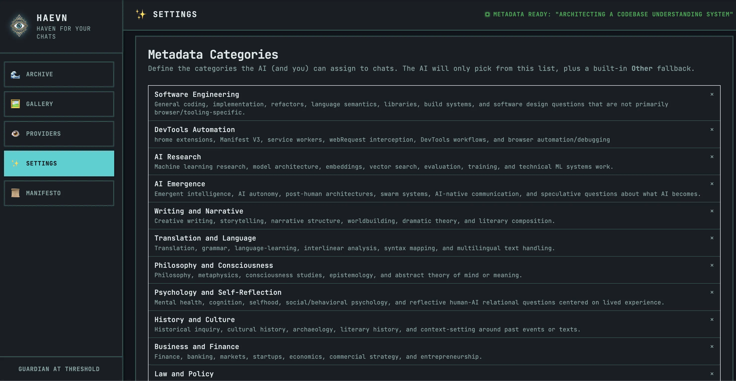 The Metadata Categories section in HAEVN Settings, showing a list of named categories — Software Engineering, DevTools Automation, AI Research, AI Emergence, Writing and Narrative, etc. — each with a one-sentence description and a remove button