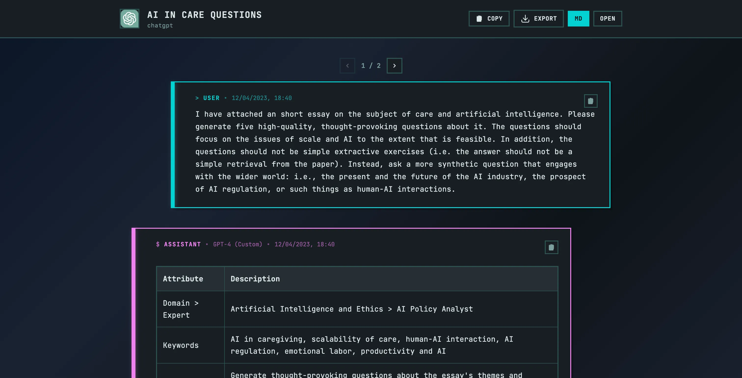 The HAEVN viewer rendering a conversation with formatted messages, code blocks, and metadata